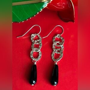 925 Silver Earrings,Elegant Silver and Black Dangle Earrings